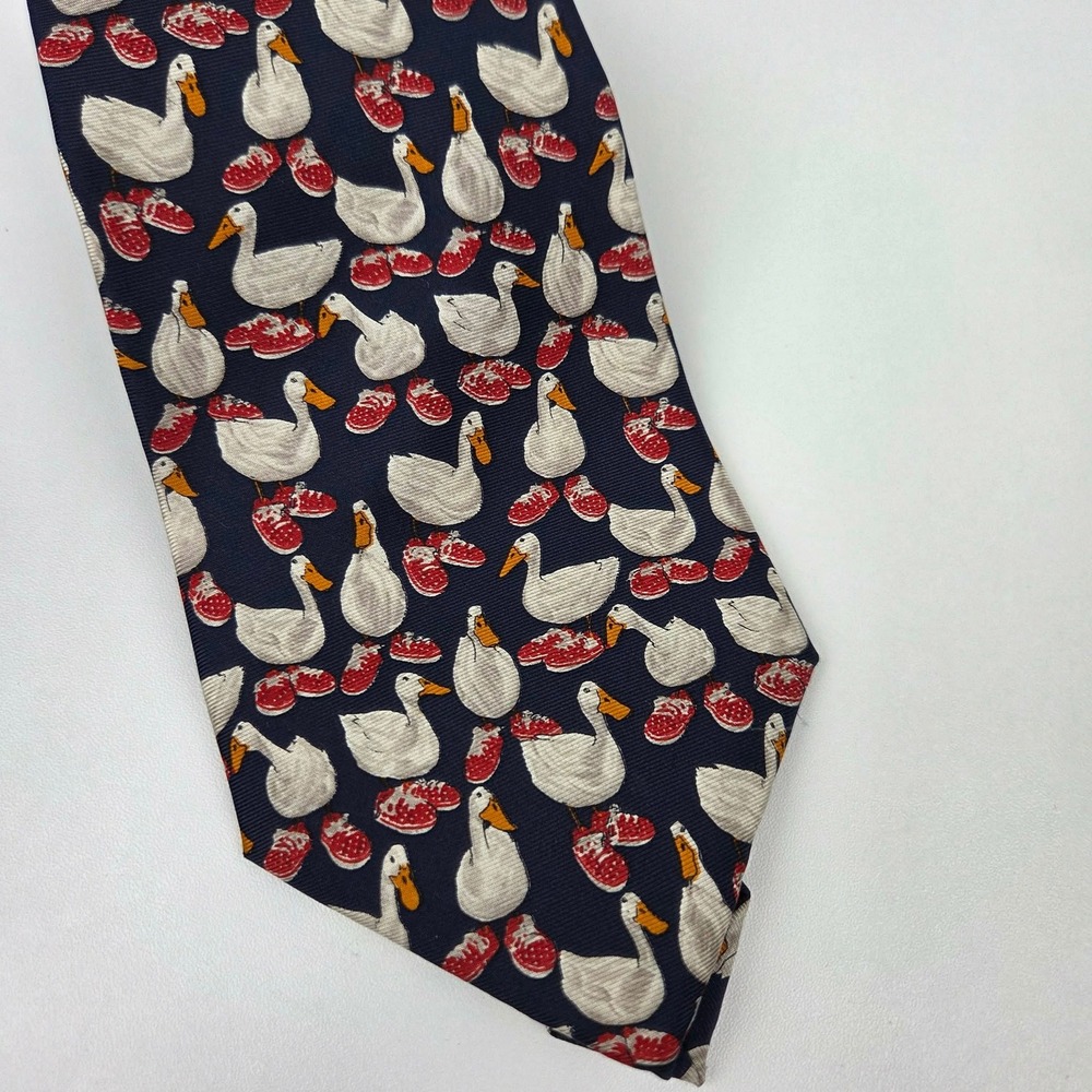 Paul Fredrick Navy Ducks In Sneakers 100% Silk Tie Hand Tailored Made in USA